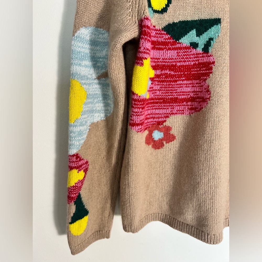 Sundance Winter Flowers Sweater Tan Floral Crewneck Lambswool Cashmere M - Picture 3 of 9